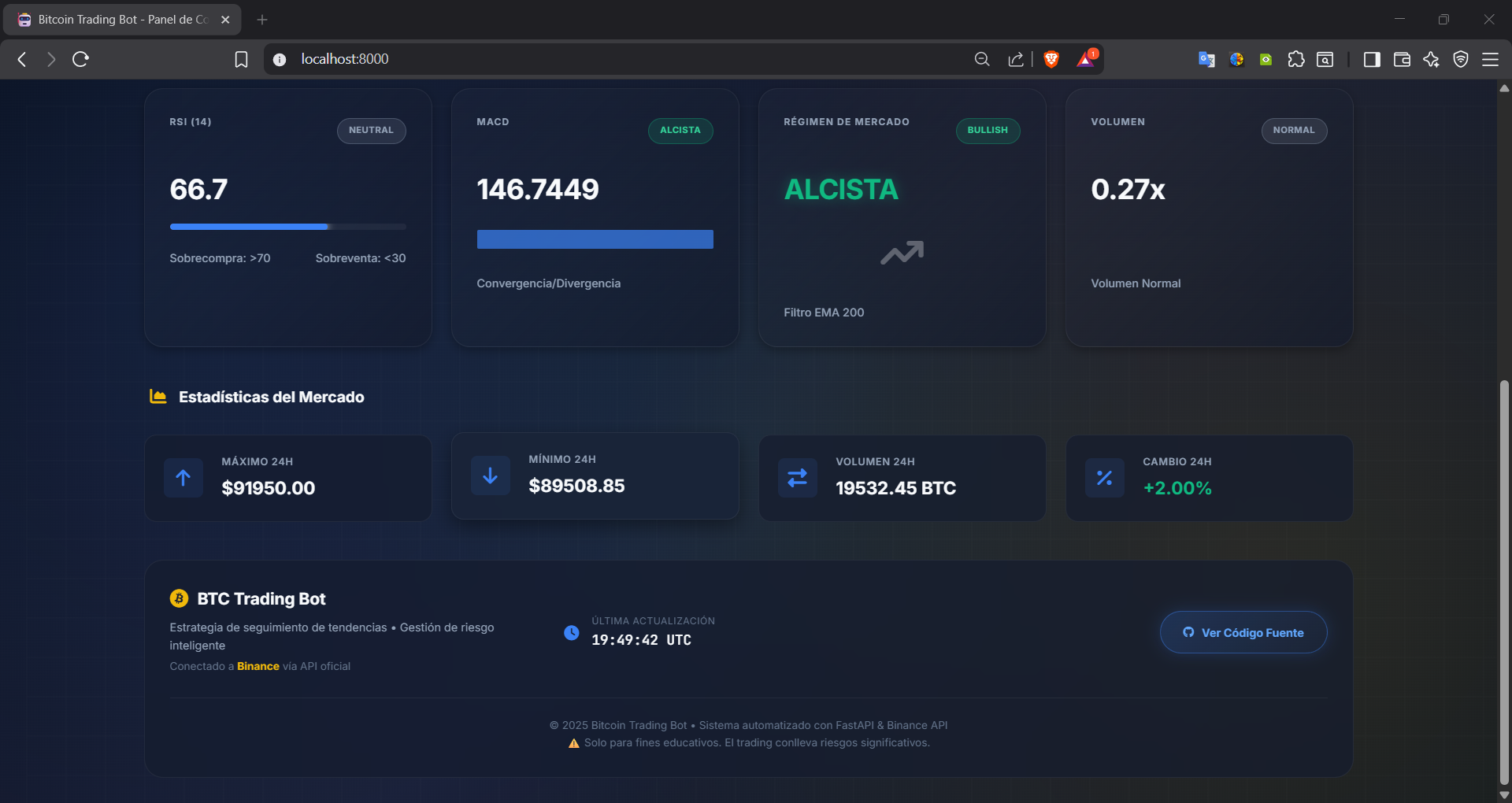 Estadísticas adicionales del bot y de las operaciones.