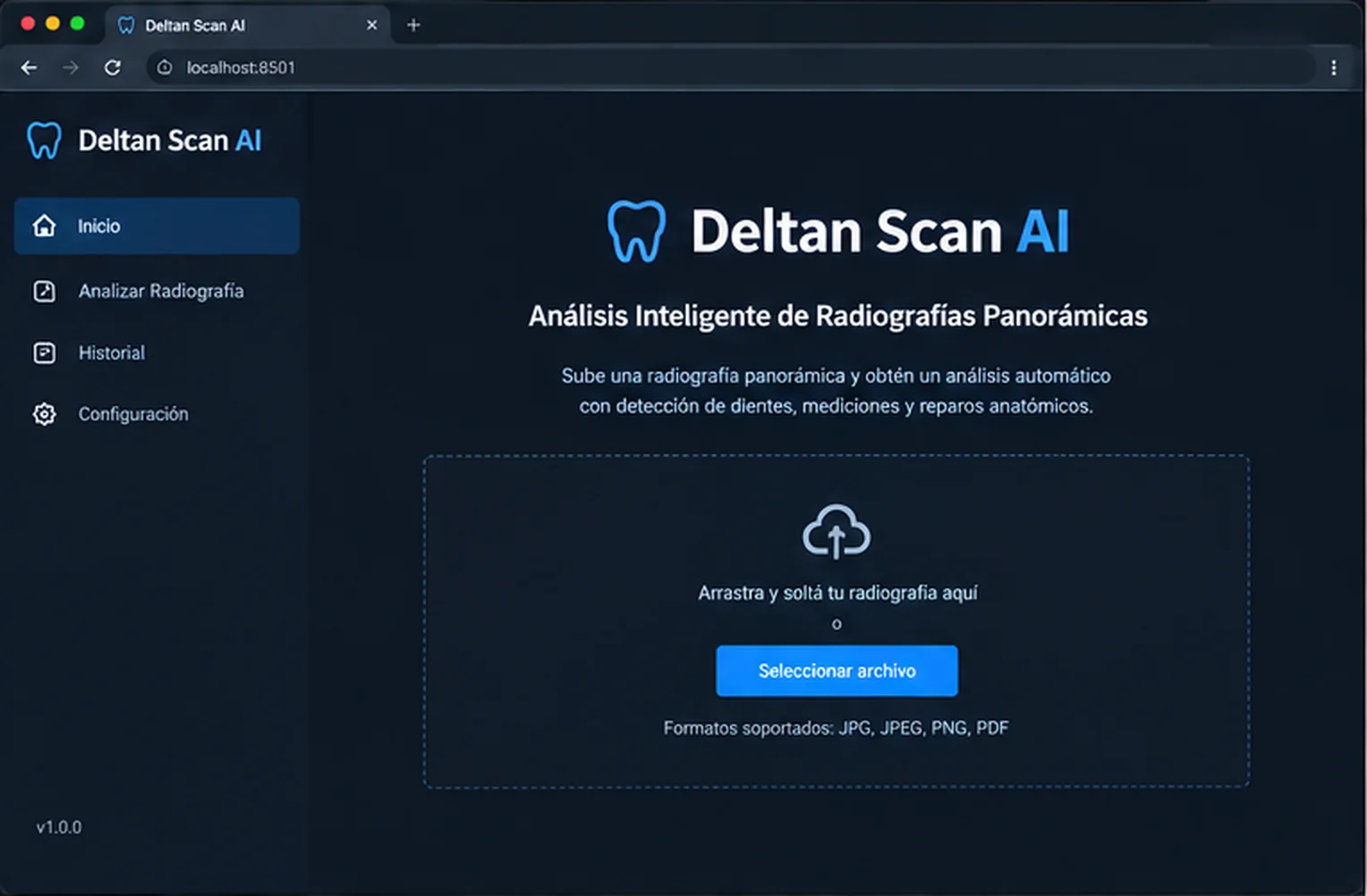 La pantalla de inicio. Se arrastra la radiografía y el análisis arranca solo.