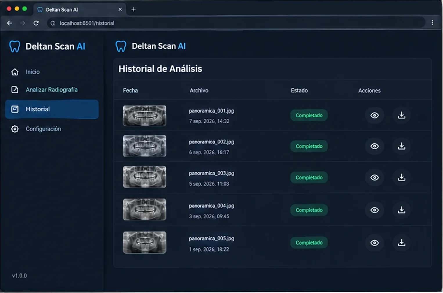 El historial de análisis, para volver a abrir o descargar cualquier estudio anterior.