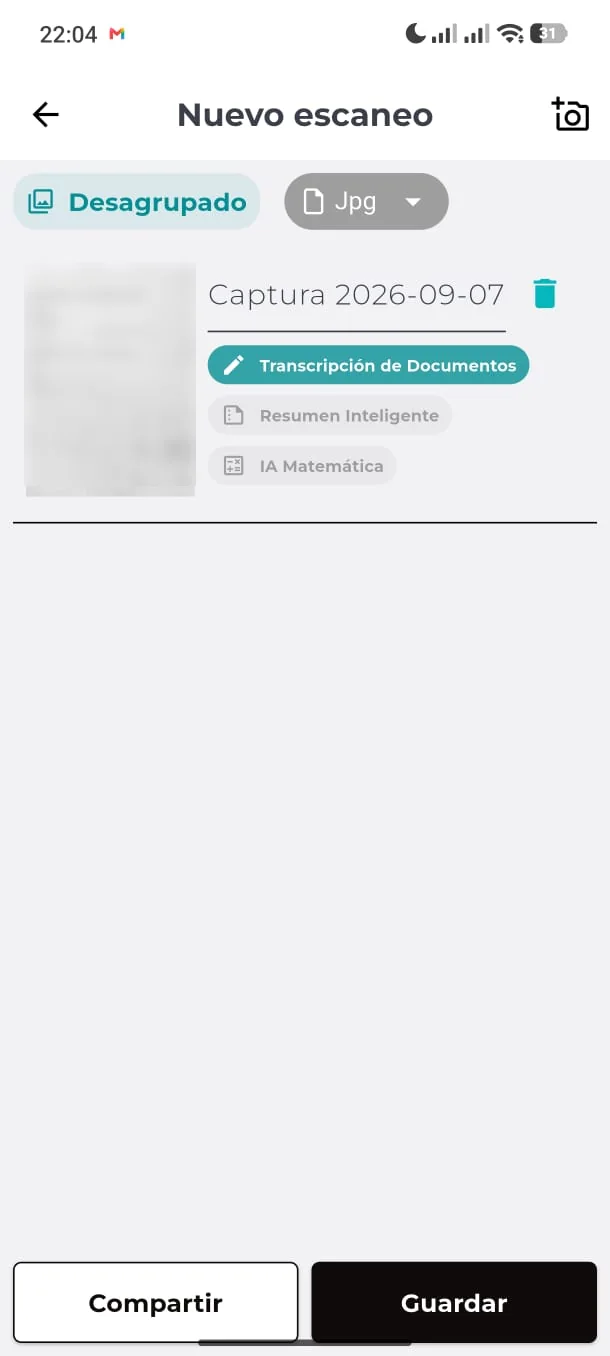 El escaneo listo, con el módulo de IA que transcribe el documento, lo resume y resuelve la matemática.