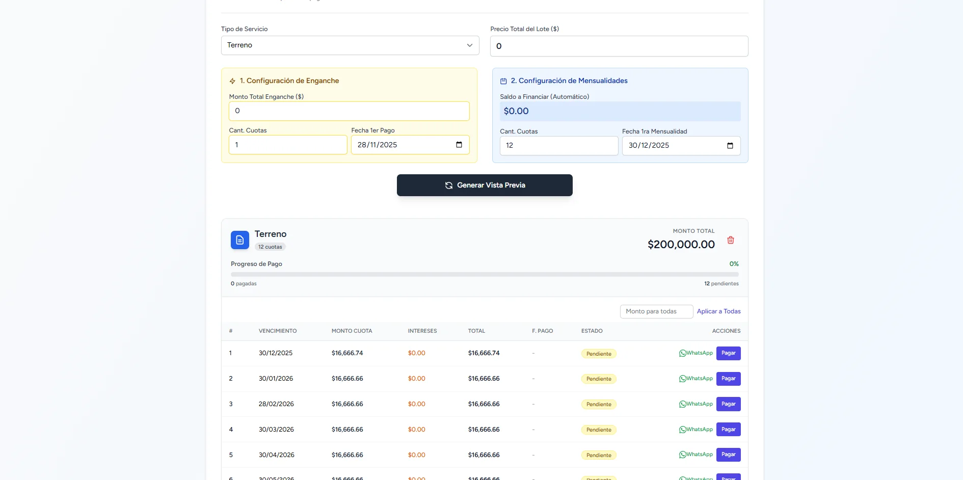 Un plan de pago con sus doce cuotas generadas automáticamente, cada una con su vencimiento, su interés y su aviso por WhatsApp.