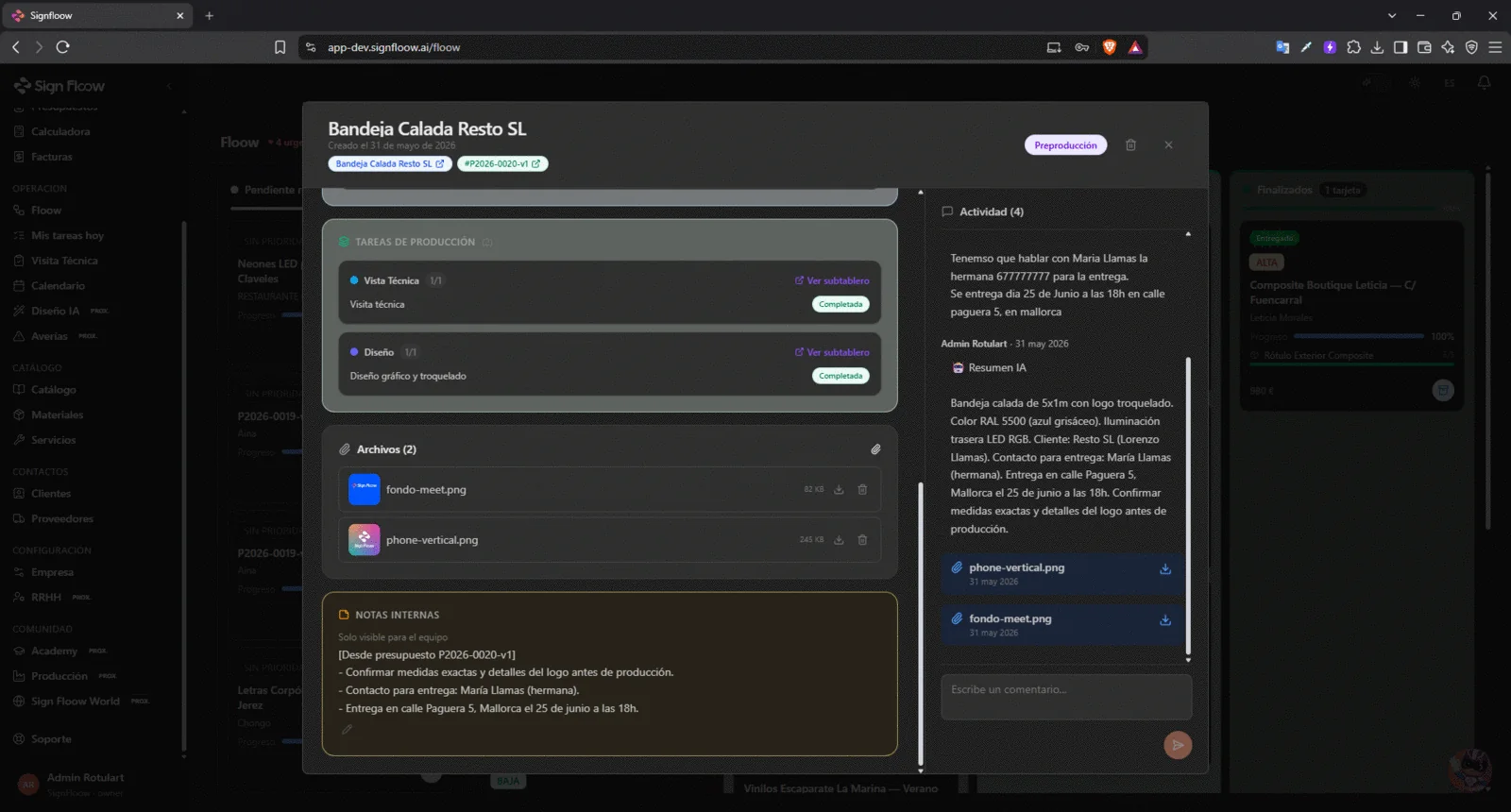 Ficha de proyecto, con las tareas de producción, los archivos, las notas internas y un resumen generado por IA.