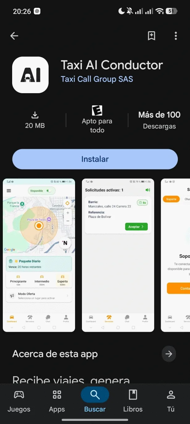 La app de conductor, publicada en Google Play.