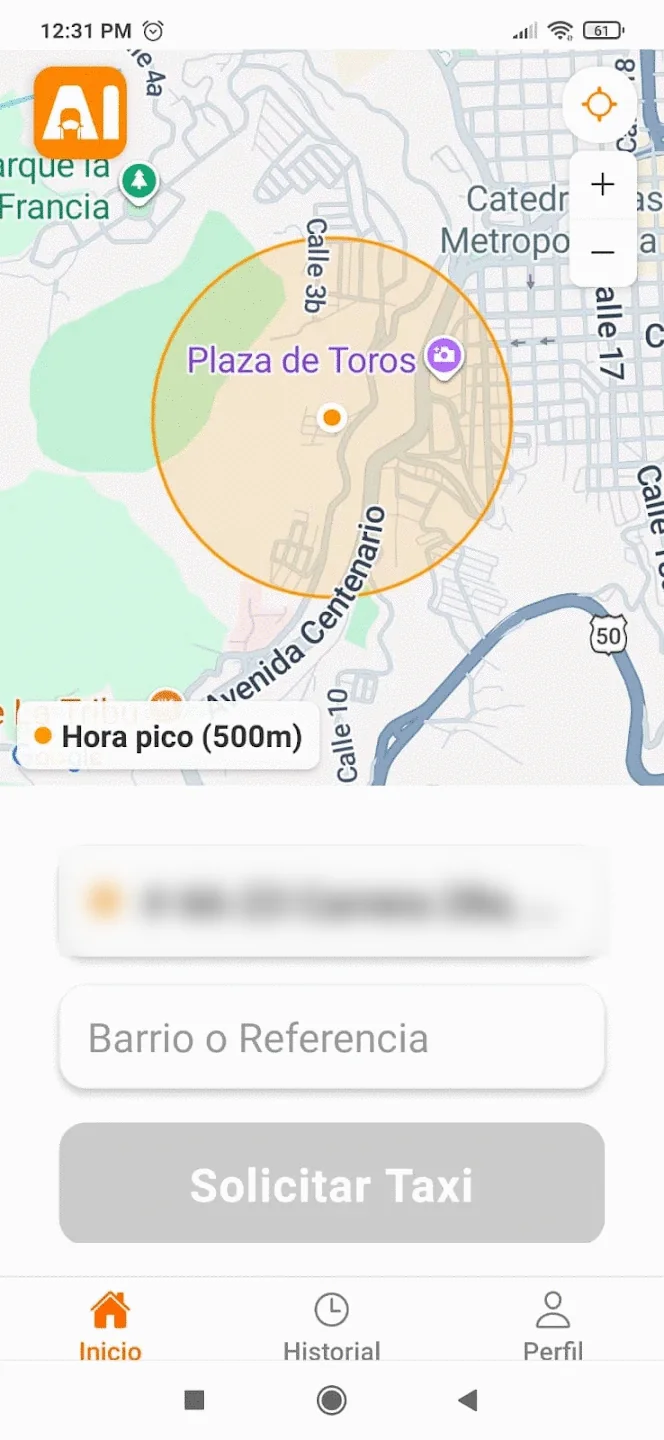 Pedido desde la app. El círculo es el radio de búsqueda de conductores en hora pico.
