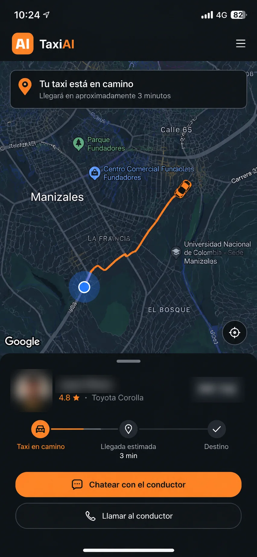 Seguimiento del viaje en tiempo real, con la ruta y el chat con el conductor.