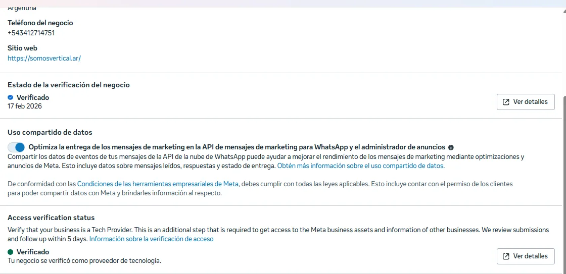 El estado en Meta, con el negocio verificado y la verificación de acceso como proveedor de tecnología (Tech Provider), que es lo que habilitaba a operar sobre las cuentas de WhatsApp de otras empresas.